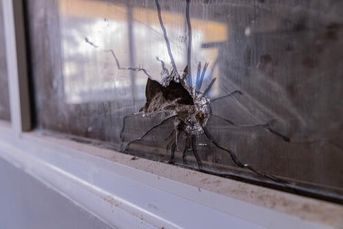 Bullet hole caused by shooting in the operating room of the Zalingei teaching hospital, Central Darfur state, Sudan.