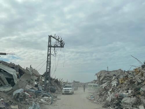 An ambulance in the middle of ruins in Rafah city, southern Gaza, Palestine.