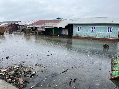 Flooding in A Nout Ye IDP camp in Pauktaw, Rakhine State, Myanmar on the 21st June, over one month since Cyclone Mocha