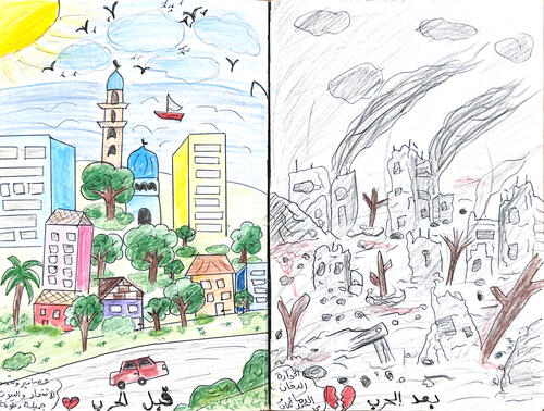 Dina,11, drew her neighbourhood before and after the genocide, she recalls the mosque and buildings and trees. She said she thought she would return from the south to find Gaza again, but she didn’t. 

This drawing was made during a mental health session of MSF in Al-Zaytoon clinic in Gaza city in August 2026. There was no assigned subject, the counsellor simply asked each child to draw whatever came to mind, whatever they carry with them, and whatever they wanted to show.