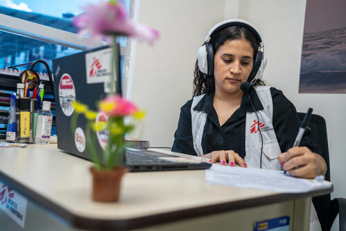 Elisa Lindo, an MSF psychologist, operates the clinic's emergency hotline for people in crisis, including victims of sexual violence. During these calls, she provides psychological first aid, assesses the patient’s needs, and initiates a plan for follow-up care. The hotline also allows patients who are unable to visit the clinic in person to access care remotely. “It's about reaching them where they need this care,” she says.