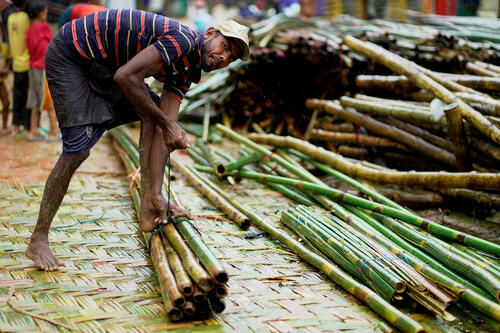 11 A daily worker prepares bamboo materials for building and repairing shelters