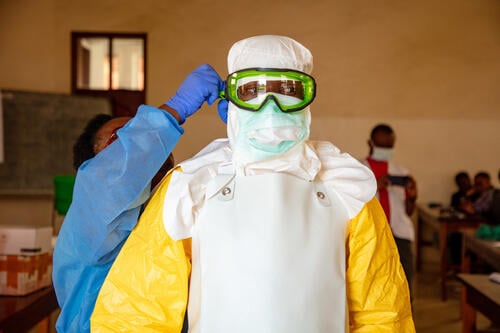 MSF teams conducted training for staff at Kyeshero Hospital in Goma on how to work in an Ebola environment.