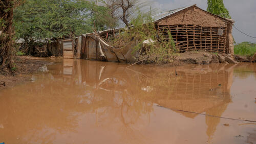 Water puddles next to a destroyed house in Ziwani area where most of the displaced persons came from.