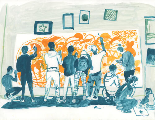Teenagers take part in a drawing class with volunteers at the day center called Le GR1, located in Marseille.