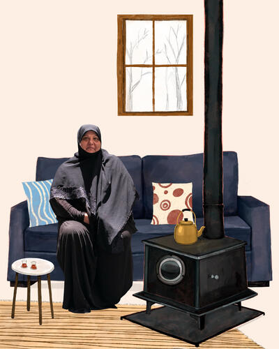 Halime
From Qaaqaaiyet El Jisr, Nabatiyeh
"I just want to reach home and kiss the doorstep."
Halime was born and raised in Beirut, and she doesn't deny her preference for city life. Yet, she deeply longs for her modest house in the village, with its small garden that her husband plants and tends to. Halime was home-loving and rarely left her house unless necessary, but she was warmly hospitable, welcoming visitors at all hours of the day. With the outbreak of the latest escalation of the Israeli war, Halime was forced to leave her home alongside her husband and 13-year-old daughter. Displacement took a heavy toll on Halime, exhausting her body until she was no longer able to stand or walk without help. It also drove her daughter into fear and isolation, especially given the harsh conditions at the public school serving as their shelter in Beirut. Halime closes her eyes and finds herself back on her balcony, which she had transformed into a cozy, tent-lie room with wooden windows where family and friends gathered, summer and winter alike.