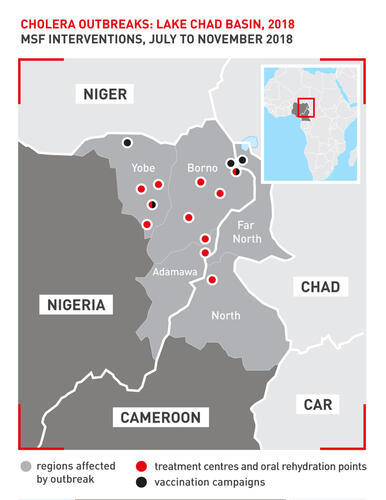 Map of cholera outbreaks, Lake Chad basin 2018 