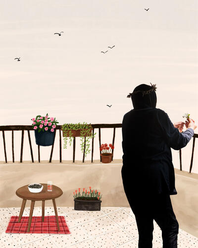 Nisrine
From Seddiqine, Sour/Tyre
"I brought all my memories with me; even my home is in my mind and imagination. I feel like it's right here with me."
Nisrine lived in her home with her husband and mother. She and her mother used to make their household mouneh (preserved seasonal foods) together, from kishk and za'atar to oil-cured aubergines, olives, and jams. Nisrine devotedly cared for her mother until she passed away. She still recalls the horrors of the 2024 escalation of Israeli war in Lebanon, when she and her husband were forced to flee their home on a motorcycle in the early hours of the morning, spending nearly 37 hours on the road before reaching a shelter in Hamra, Beirut. Just ten days before the latest escalation of war, Nisrine had bought new glassware and kitchen supplies, but she was forcibly displaced before getting the chance to use them. Even in displacement, Nisrine brought her mouneh from home and set aside a special spot for it in the school-turned-shelter in Jiyeh, Mount Lebanon – a piece of home and a symbol of hope for return. Several weeks ago, Nisrine returned to her village following the de-escalation in the south, but she is still unable to return to her home.