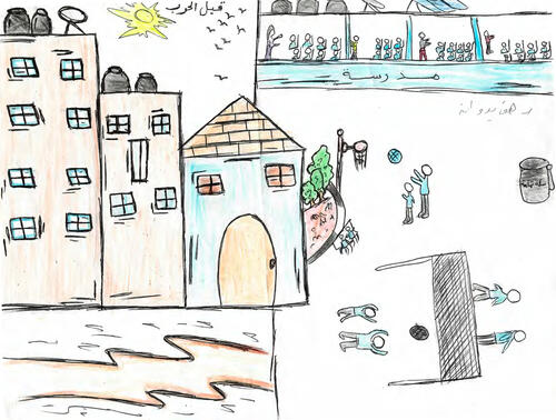 Rahaf, 11, made two drawings: one from before the war, one from after. 

In the "before," she drew her neighborhood which has clean streets, children playing, and a school full of classes and learning. 

In the "after," she drew tents, homes that are being targeted, an ambulance, a water truck, children filling jerrycans with water, and an adult with an amputated leg, walking with crutches. 

This drawing was made during a mental health session of MSF in Al-Zaytoon clinic in Gaza city in August 2026. There was no assigned subject, the counsellor simply asked each child to draw whatever came to mind, whatever they carry with them, and whatever they wanted to show.