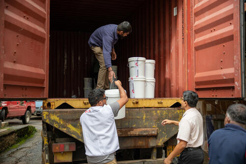MSF team hands over dignity kits and maternity kits to local authorities in Badulla district, Uva Province, Sri Lanka.