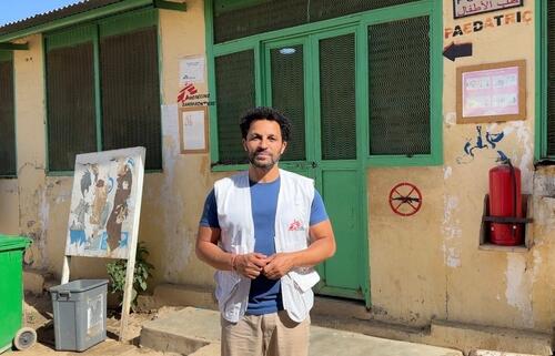 MSF International President Dr. Javid Abdelmoneim stands outside the pediatric ward at Zalingei Teaching Hospital in Central Darfur state, Sudan.