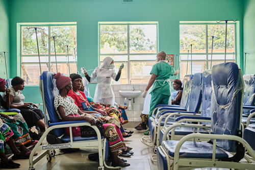 A group of women during a chemotherapy session in ward 4B at Queens Elizabeth Hospital in Blantyre, Malawi. It currently has 50 chairs where cancer patients, regardless of the type of cancer, receive chemotherapy.