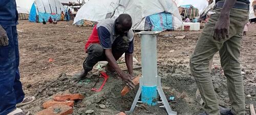 Borehole foundation and protection works in Al Safa camps, Abu Jubayhah, before the water system became operational.