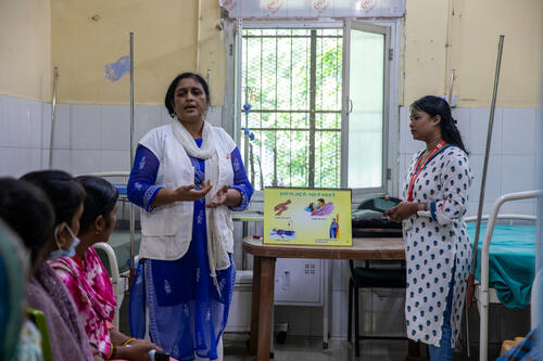 Meena Kumari and Shalini Barla, lay counsellors with the patient support team, conduct a group session with caregivers at Guru Gobind Singh Hospital in Patna, Bihar.