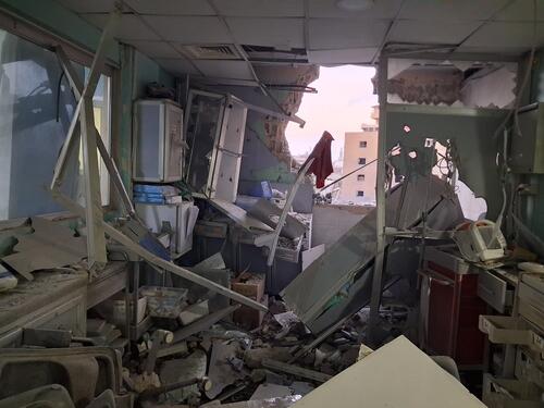View of the damage at Jabal Amel Hospital following an Israeli strike carried out on 1 June in Sour (Tyre), southern Lebanon.