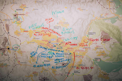 A map used by the MSF team to track active Israeli closures. At least 459 movement obstacles directly block access between towns and main roads, forcing people onto unpredictable, secondary routes (OCHA).