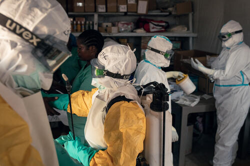 MSF staff members at the Ebola Treatment Centre at Mongbwalu General Hospital prepare to enter the high-risk zone. Mongbwalu, Ituri Province, Democratic Republic of the Congo, 17 June 2026.