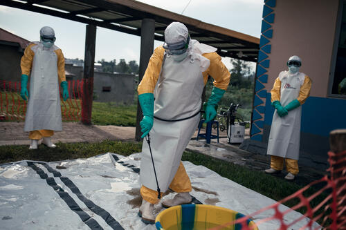 Health staff from the Ebola treatment centre set up by MSF at the Elikya Hospital Centre in Bunia, Ituri