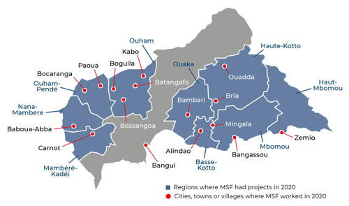 Map of MSF activities in 2020 in Central African Republic