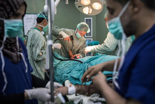 Trauma surgery at Al Aqsa hospital, Gaza.
