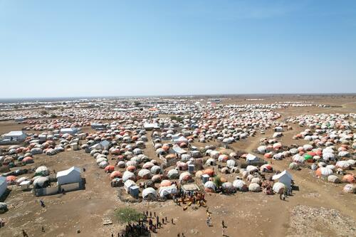 An aerial view shows IDP camps in the Wadajir neighborhood of Baidoa, Somalia. Baidoa is home to more than half a million displaced people. MSF supports Bay Regional Hospital and seven health posts providing maternal and child healthcare, and provides water, sanitation and hygiene (WASH) support, including water trucking, latrines, non-food items (NFIs), and dignity kits — to 17 IDP camps as part of its drought response.
