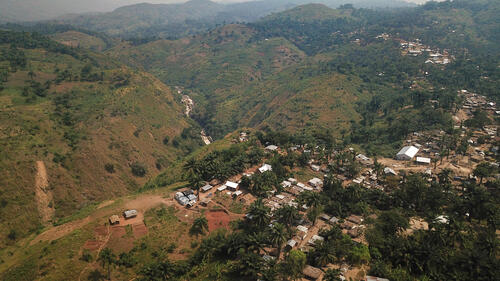 Aerial view of Gengere 1 refugee camp and Kakoy river at the back, Ituri province