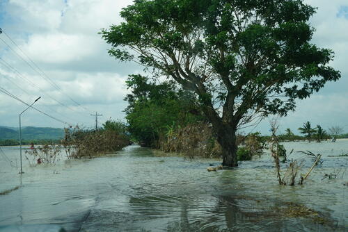 All over the province of Camarines Sur in the Philippines, Tropical Storm Trami brought intense rains, triggering flash floods. A week later, parts of Barangay Ombao Polpog are still submerged, including parts of the access road.
Brgy Ombao Polpog, Bula, Camarines Sur, the Philippines.