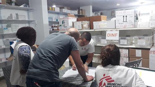 MSF staff prepare a medical supplies donation in Gaza on October 8, 2023