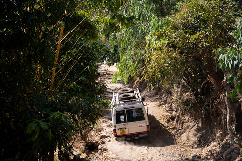 An MSF vehicle on a sunken track on the outskirts of Blantyre on July 24, 2026.