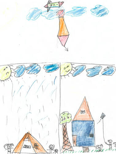 Alma. 11, hates displacement the most, and said she had to flee under fire with her family numerous times, she misses her home, and hates living in the tent under extreme heat and winter rain and floods. She said the sun used to be happy, but now it’s sad. 

This drawing was made during a mental health session of MSF in Al-Zaytoon clinic in Gaza city in August 2026. There was no assigned subject, the counsellor simply asked each child to draw whatever came to mind, whatever they carry with them, and whatever they wanted to show.