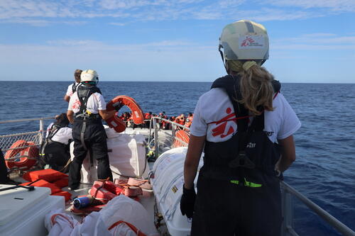 On 15 November 2025, the MSF team onboard Oyvon rescued 41 people, who had spent three distressing days at sea on an overcrowded and unseaworthy rubber boat. Three of the survivors were women and 14 were children, nine of whom were unaccompanied. Most of the survivors were from Sudan and had fled the ongoing war in their home country. All survivors were disembarked safely in Lampedusa, the place of safety assigned by Italian authorities.
The rescue was carried out in a joint effort between MSF and
MV Louise Michel crew.