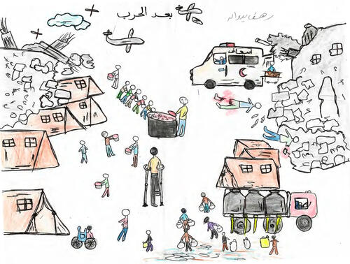 Rahaf, 11, made two drawings: one from before the war, one from after. 

In the "before," she drew her neighborhood which has clean streets, children playing, and a school full of classes and learning. 

In the "after," she drew tents, homes that are being targeted, an ambulance, a water truck, children filling jerrycans with water, and an adult with an amputated leg, walking with crutches. 

This drawing was made during a mental health session of MSF in Al-Zaytoon clinic in Gaza city in August 2026. There was no assigned subject, the counsellor simply asked each child to draw whatever came to mind, whatever they carry with them, and whatever they wanted to show.
