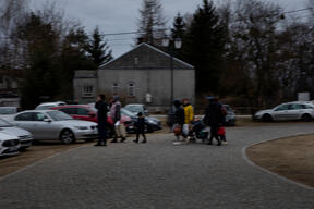 Ukrainian refugees at reception center in Dolhobyczow