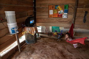 Interior of a makeshift house in La Gabarra, Colombia