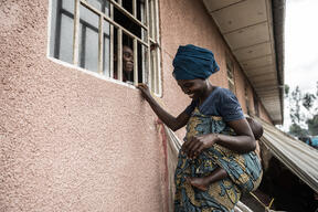 Talari Muhawe in front of MSF's pharmacy