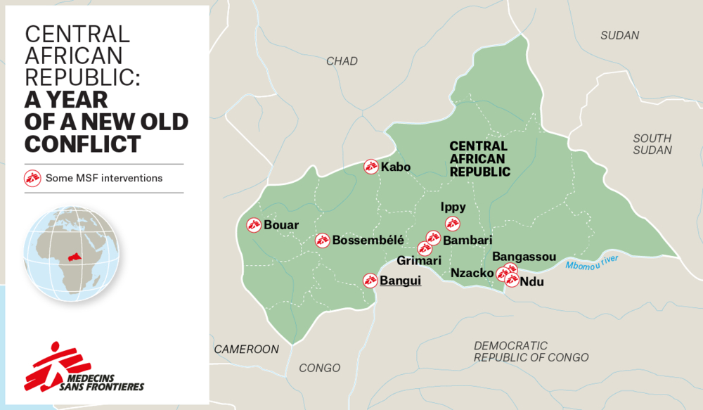 Map reflecting some of the MSF interventions in the Central African Republic.